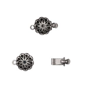 Clasp tab 1pkg10 silver-plated, 9mm flower, brass antique 1-strand