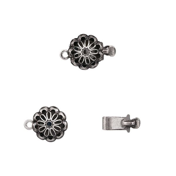 Clasp, tab, antique silver-plated brass, 9x9mm flower. Sold per pkg of 10. image number 0