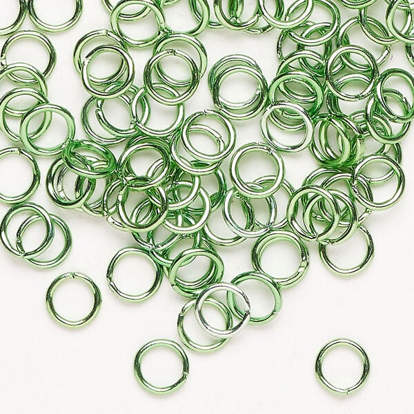 Jump ring 1pkg100 anodized and dyed aluminum, bright green, 6mm round, 4.2mm inside diameter, 18 gauge. image number 0