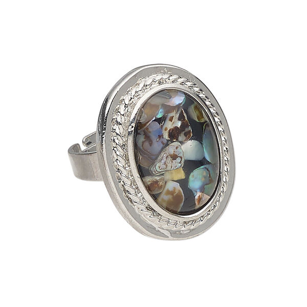 Ring 1pkg1 brass / multi-shell, 26x21mm oval fancy edge, bleached/dyed/assembled silver finish / multicolored image number 0