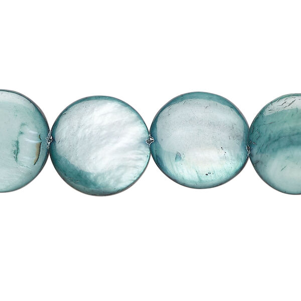 Mother-of-pearl shell 1pkg1, puffed flat round bead 15 inch dark teal 14-15mm image number 0