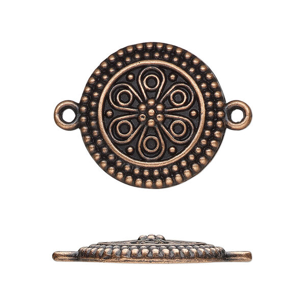 Link, antique copper-finished "pewter" (zinc-based alloy), 21.5mm single-sided domed round with flower. Sold per pkg of 10. image number 0