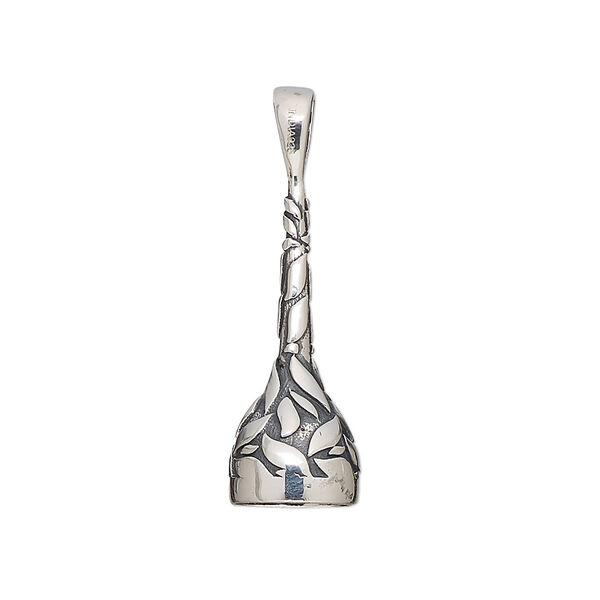 Pendant, antiqued sterling silver, 30x9.5mm cone with leaf design and 8mm round glue-in setting. Sold individually image number 0