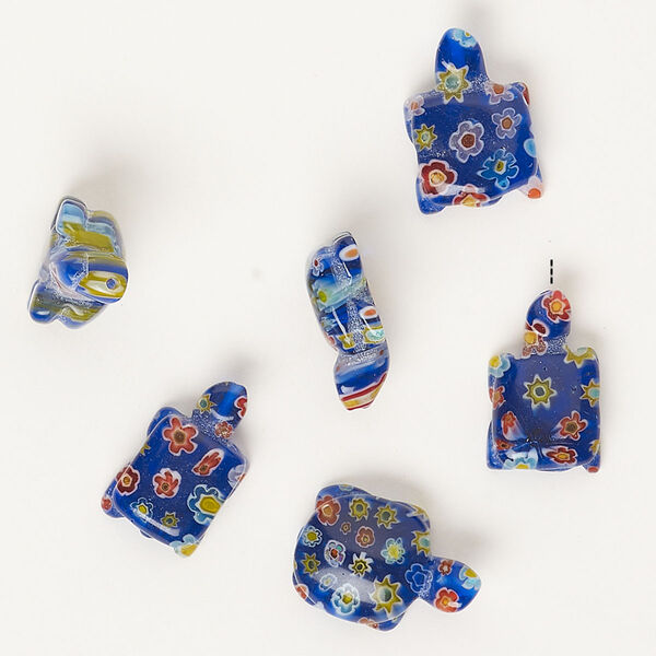 Bead, millefiori glass, translucent cobalt blue and multicolored, 20x12mm-23x14mm half-drilled turtle. Sold per pkg of 6. image number 0