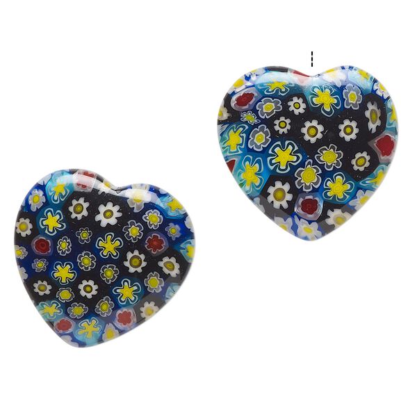Bead, millefiori glass, translucent multicolored, 18-20mm half-drilled puffed heart with flower design. Sold per pkg of 2. image number 0