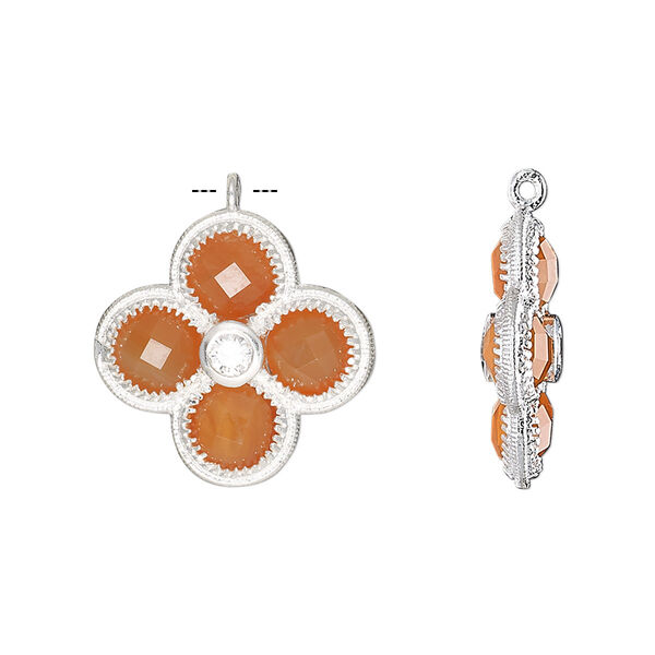 Drop, carnelian (dyed / heated) / cubic zirconia / sterling silver, clear, 19mm double-sided faceted flower. Sold individually. image number 0