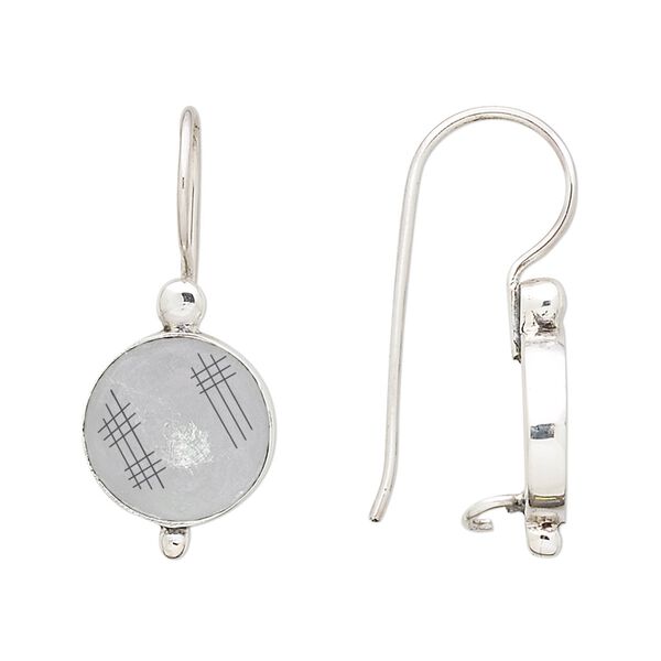 Ear wire 1pkg2 sterling silver, 30mm / 13mm round / 12mm round bezel cab setting / safety latch, antiqued 1 pair image number 0