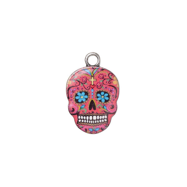 Charm, resin and antique silver-plated "pewter" (zinc-based alloy), pink and multicolored, 17.5x14mm single-sided Dia de los Muertos skull with flower and heart design. Sold individually. image number 0