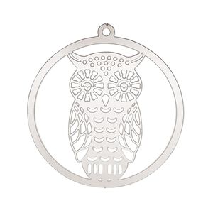 Focal, Lazer Lace™, stainless steel, 32mm single-sided domed open round with owl design. Sold per pkg of 2.