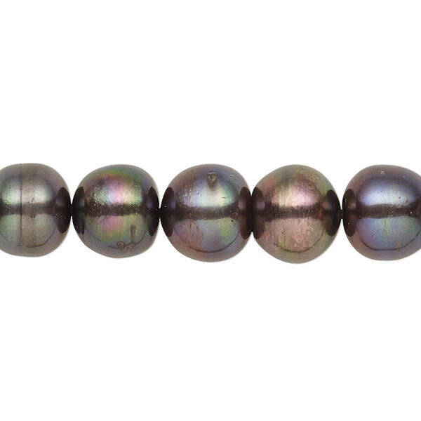 Pearl, cultured freshwater (dyed), peacock, 8-10mm semi-round with 0.4mm hole, C grade, Mohs hardness 2-1/2 to 4. Sold per 15-inch strand. image number 0