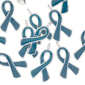 Charm, silver-finished enamel "pewter" (zinc-based alloy), teal green, 17x11mm single-sided awareness ribbon. Sold per pkg of 12.