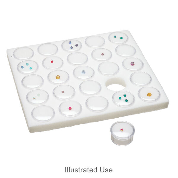 Display insert, faceted gems, foam and acrylic, white and clear, 7-3/4 x 6-3/4 x 3/4 inches with (25) 1-1/4 x 3/4 inch reclosable vials, fits standard half tray. Sold individually. image number 4