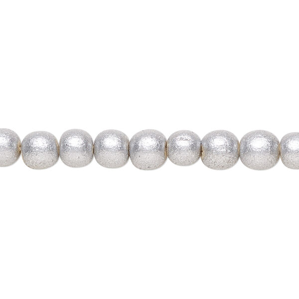 Bead, painted Taiwanese cheesewood (coated), metallic silver, 5-6mm round. Sold per pkg of (2) 15-1/2" to 16" strands. image number 0
