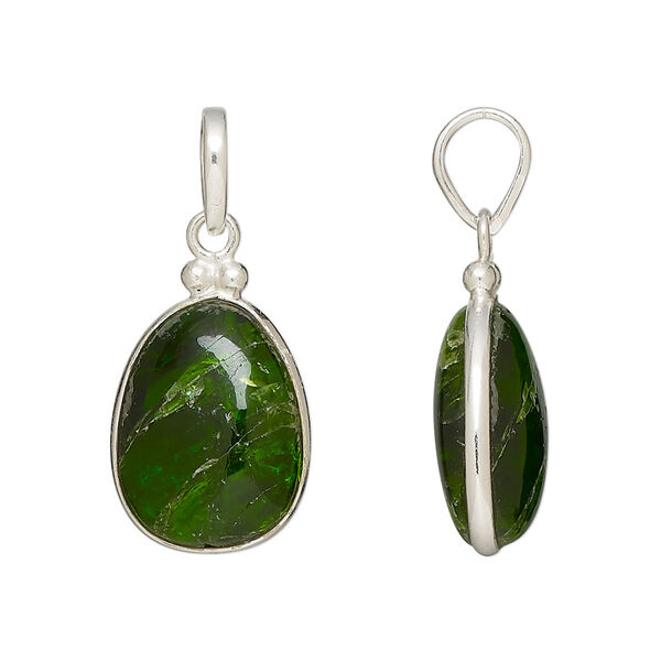 Pendant, chrome diopside (natural) and sterling silver, 18x12mm-19x14mm double-sided freeform. Sold individually. image number 0