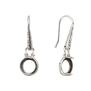 Earring fishhook 1pkg2 sterling silver, 29mm / fancy dot design / 8mm round 2-prong open back cab setting, 20 gauge antiqued 1 pair