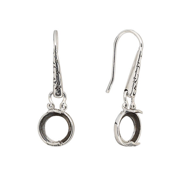 Earring fishhook 1pkg2 sterling silver, 29mm / fancy dot design / 8mm round 2-prong open back cab setting, 20 gauge antiqued 1 pair image number 0