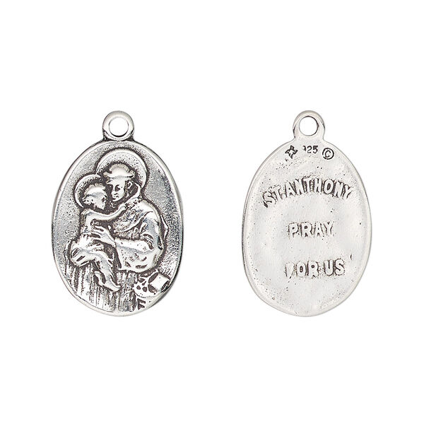 Drop, antiqued sterling silver, 19x14mm two-sided oval with Saint Anthony and "ST. ANTHONY PRAY FOR US." Sold individually. image number 0