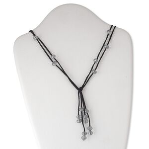 Necklace, glass and faux suede, clear and black, 10x7mm faceted rondelle, adjustable 16-32 inch knotted continuous loop. Sold individually.