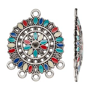 Drop, antique silver-finished "pewter" (zinc-based alloy) and resin, multicolored, 28.5mm single-sided round with 5 closed loops. Sold per pkg of 4.