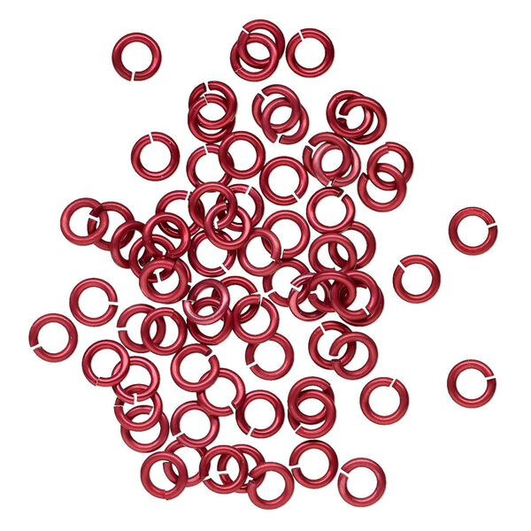 Jump ring, anodized tempered aluminum, red, 6mm round, 4.2mm inside diameter, 16 gauge. Sold per pkg of 100. image number 0