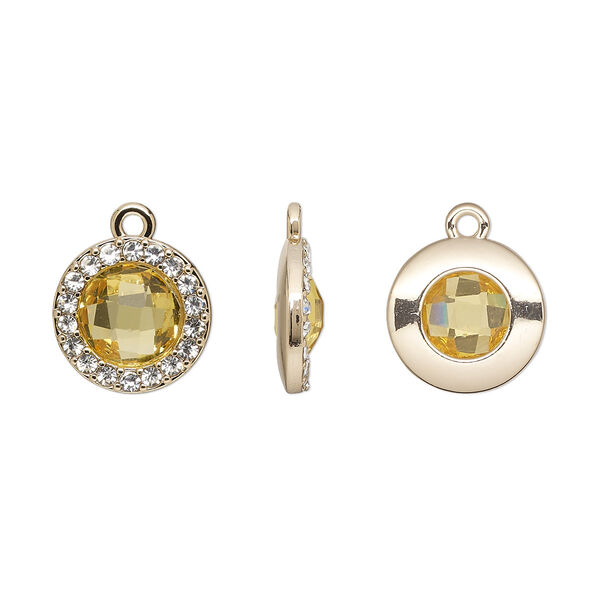 Drop, glass / glass rhinestone / gold-finished "pewter" (zinc-based alloy), clear and transparent citrine yellow, 15.5mm single-sided round. Sold per pkg of 2. image number 0