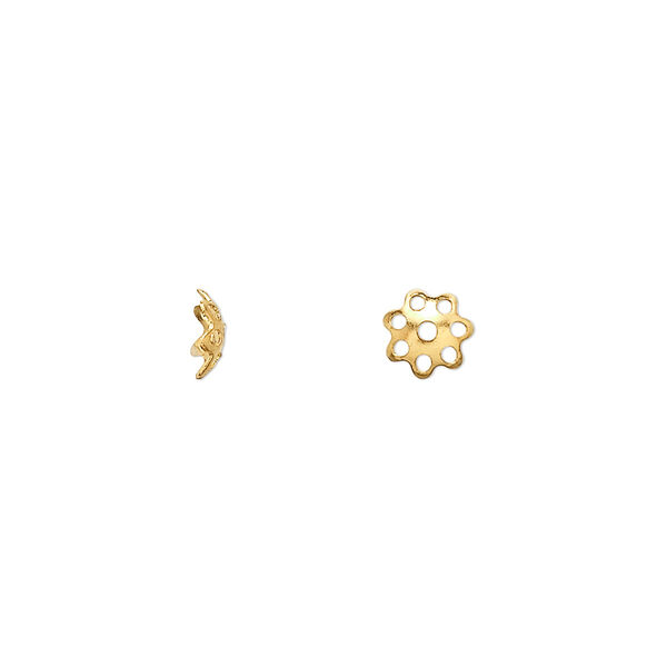 Bead cap, gold-finished brass, 6x1.5mm flower with cutouts, fits 6-8mm bead. Sold per pkg of 100. image number 0