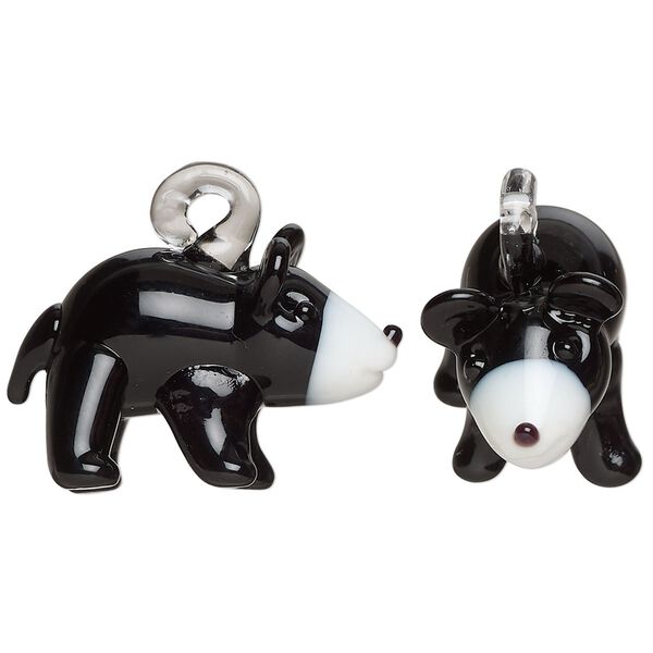 Drop, lampworked glass, opaque black and white, 33x21mm 3D bear. Sold individually. image number 0