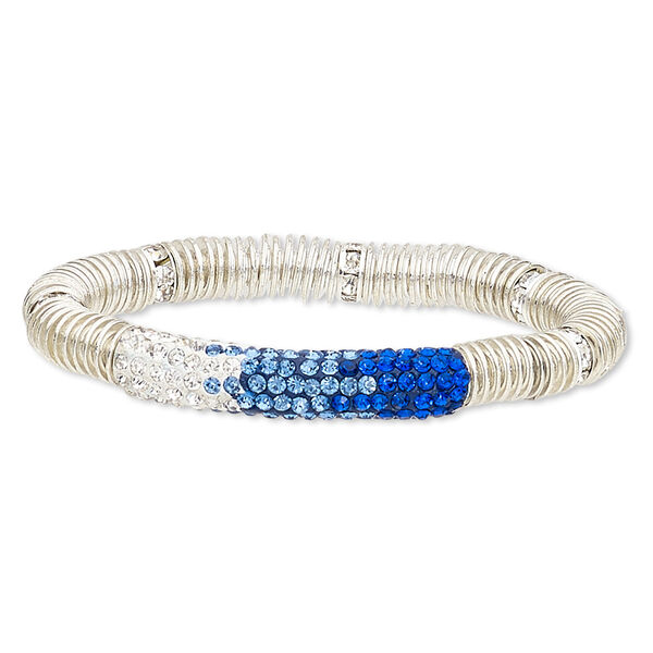 Bracelet, stretch, glass rhinestone / polymer clay / silver-plated brass / steel / "pewter" (zinc-based alloy), multi-blues / white / clear, 9mm wide with 45x9mm curved tube, 6-1/2 inches. Sold individually. image number 0