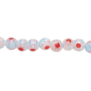 Bead, millefiori glass 1pkg1, translucent pale red and multicolored, 6mm round, 15 inches.