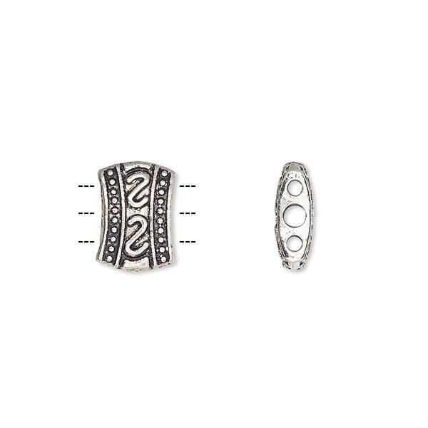 Spacer bar, antique silver-plated "pewter" (zinc-based alloy), 11x8mm 3-strand double-sided fancy barrel with double "S" design. Sold per pkg of 20. image number 0