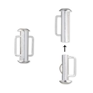 Clasp slide lock 1pkg4 silver-plated, 16x6mm round tube / fits 8x2mm cord, brass 1-strand