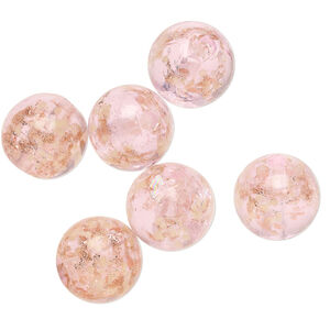 Bead, lampworked glass, clear / pink / glow-in-the-dark / gold, 12mm round. Sold per pkg of 6.