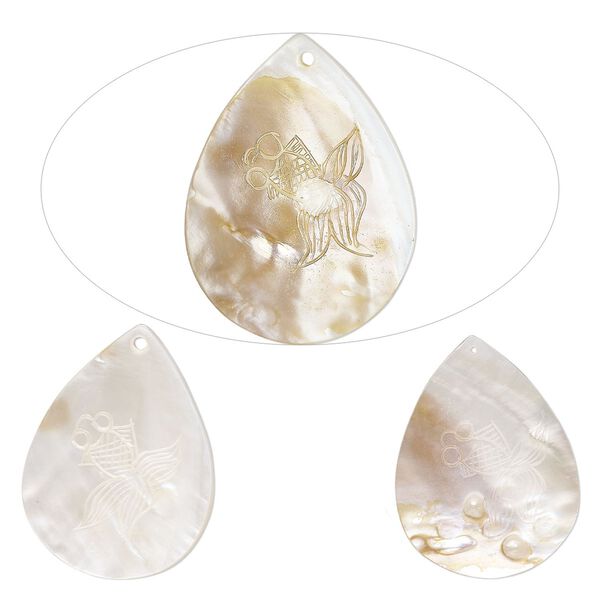 Focal, mother-of-pearl shell (natural/bleached), 52x38mm-65x48mm hand-carved teardrop with koi design, Mohs hardness 3-1/2. Sold per pkg of 3. image number 0