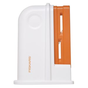 Scissors sharpener, FISKARS®, plastic and ceramic, white and orange, 5 x 4 x 1-3/4 inches. Sold individually.