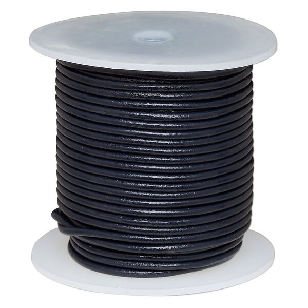 Cord, leather (dyed), navy blue, 2mm round. Sold per 25-yard spool. image number 0