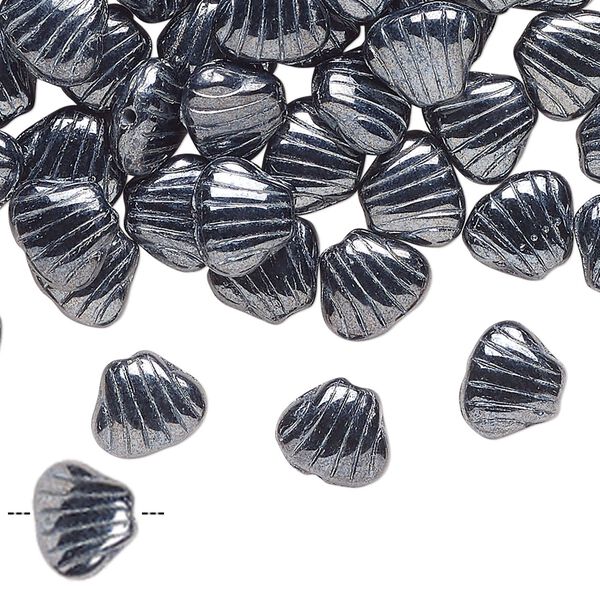 Bead pressed glass 1pk 9x8mm-9mm textured shell, 1 ounce opaque gunmetal image number 0