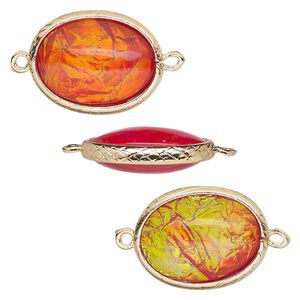 Link, Opalized Ice™, "opal" (resin) and gold-finished brass, orange, 20x15mm double-sided oval. Sold per pkg of 4.