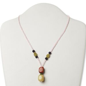 Multi-gemstone / glass / "pewter" (zinc-based alloy) 1pkg1, AB silver-finished / antique gold-finished necklace 17 inch / 1.25-1.5 inch dangle / lobster claw clasp