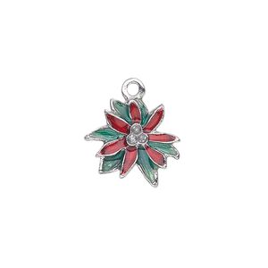 Charm, silver-plated "pewter" (zinc-based alloy) and enamel, green and red, 16x15mm single-sided poinsettia with glitter center. Sold individually.
