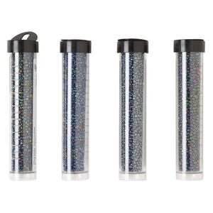 Seed bead assortment, Ming Tree™, glass, pkg/(4) 4 x 3/4 inch vials, #11 round, opaque iris, rainbow and luster purple, peacock, black and blue.