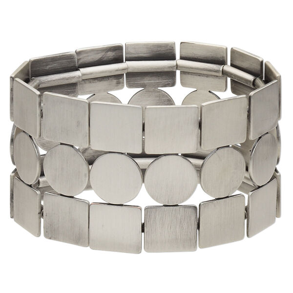 Bracelet, stretch, antiqued silver-plated steel, 41mm wide with 3-row square and round, 7 inches. Sold individually. image number 0