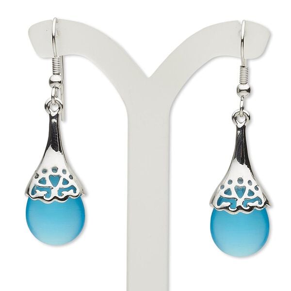 Earring, cat's eye glass (fiber optic glass) and imitation rhodium-plated "pewter" (zinc-based alloy), turquoise blue, 48mm with fishhook ear wire. Sold per pair. image number 0