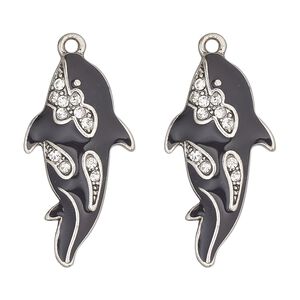 Focal, antique silver-finished "pewter" (zinc-based alloy), enamel and glass, black and clear, 32x16mm single-sided killer whale. Sold per pkg of 2.