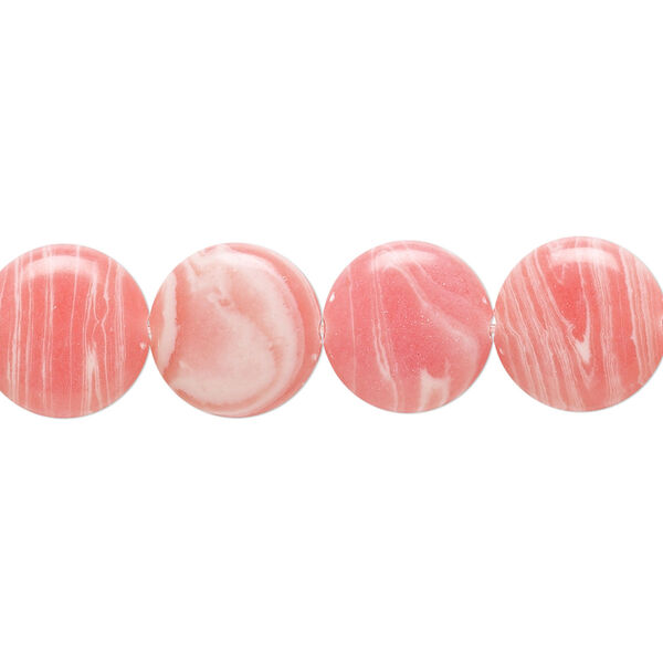 Bead, resin, white and pink, 12mm flat round. Sold per 15" to 16" strand. image number 0