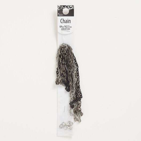 Chain and finding assortment, silver- / antique silver- / black-finished "pewter" (zinc-based alloy), mixed sizes. Sold per 10-piece set. image number 0
