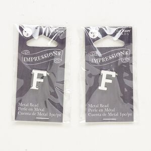 Bead, silver-finished "pewter" (zinc-based alloy), 13x10mm top-drilled alphabet letter "F" with 2mm hole. Sold per pkg of 2.