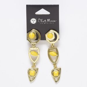 Earring, acrylic / gold-finished "pewter" (zinc-based alloy) / steel, yellow, 3 inches with post and comfort clutch earnut. Sold per pair