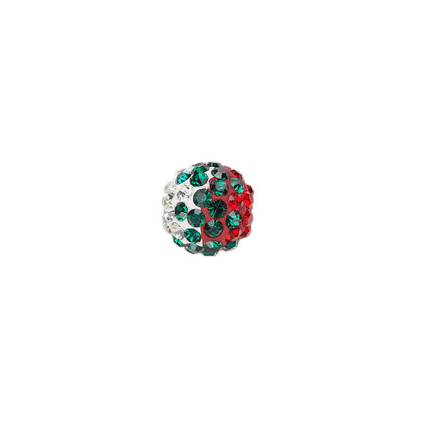 Bead, Egyptian glass rhinestone / epoxy / resin, white / red / green, 10mm round with pav&eacute; wave design. Sold individually. image number 0