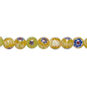 Bead, millefiori glass 1pkg1, translucent dark golden yellow / multicolored / orange, 6mm round, 15 inches.
