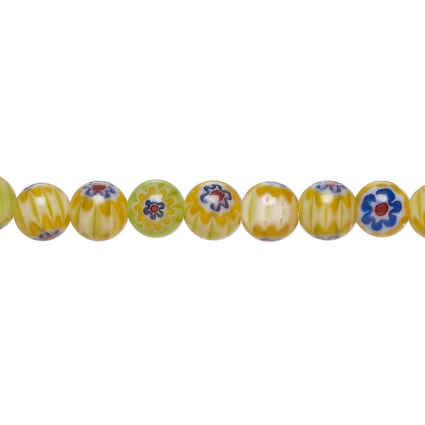 Bead, millefiori glass 1pkg1, translucent dark golden yellow / multicolored / orange, 6mm round, 15 inches. image number 0
